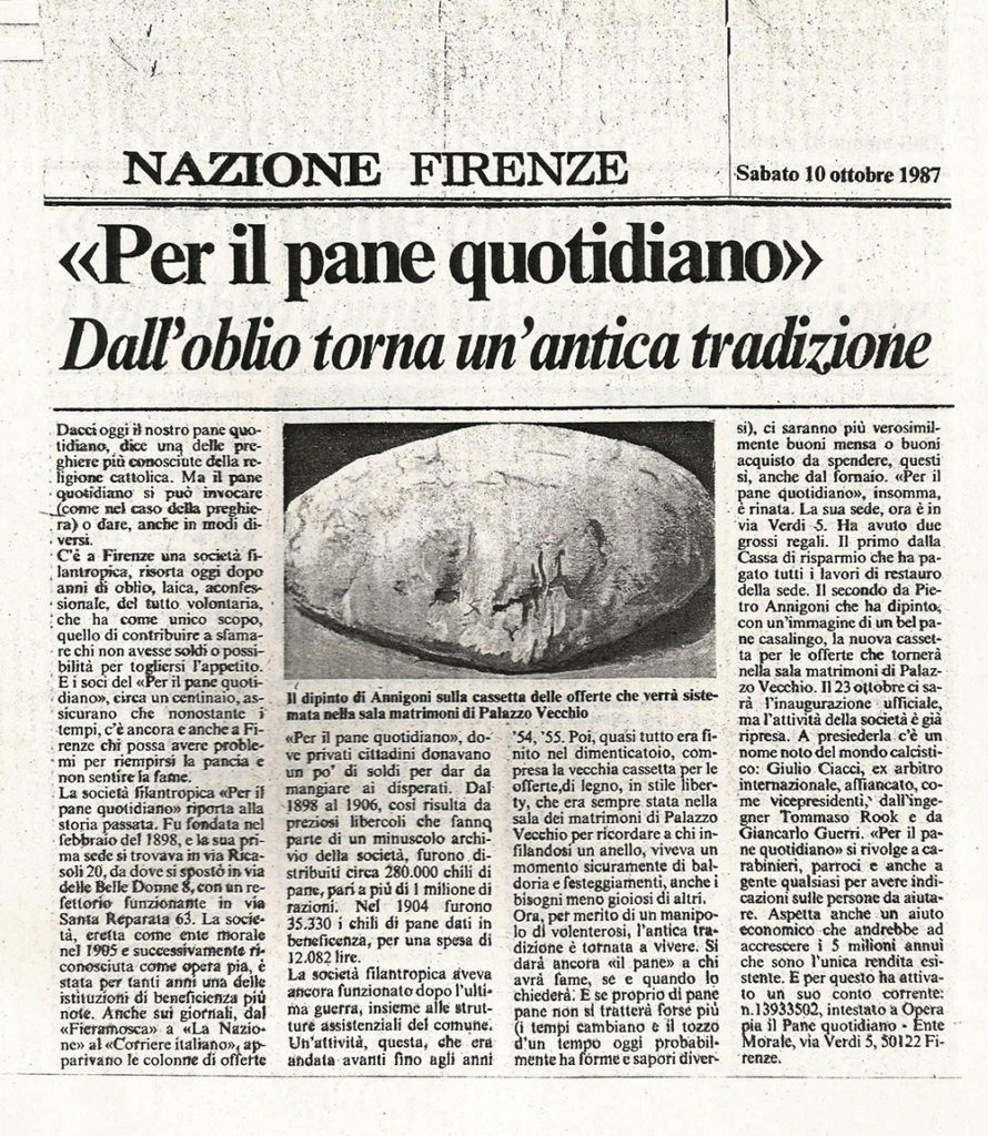 Articolo del 10 ottobre 1987 su La Nazione Firenze: Per il Pane Quotidiano. Dall'oblio torna un'antica tradizione