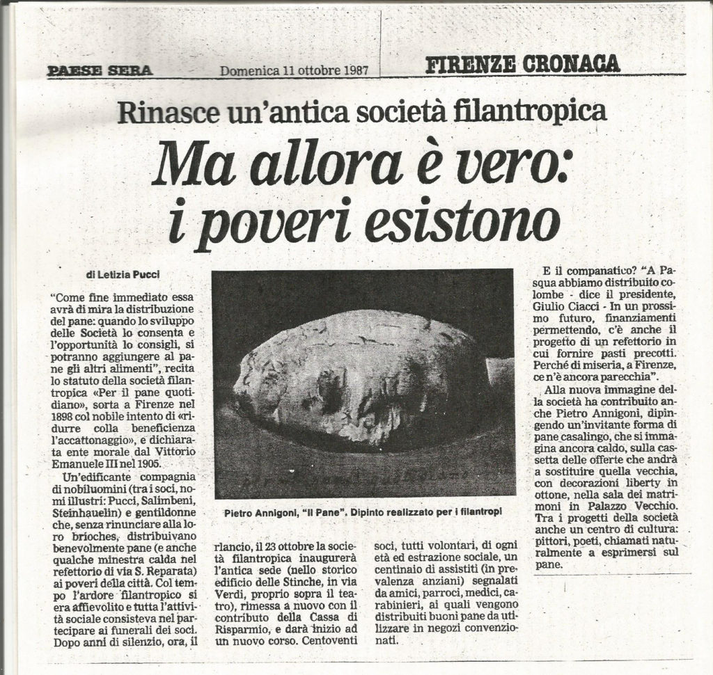 Articolo di Paese Sera di domenica 11 ottobre 1987 Rinasce un'antica società filantropica